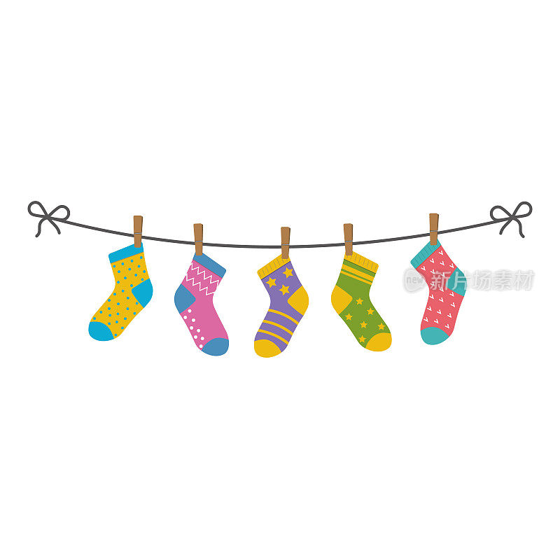 孩子们的彩色袜子挂在绳子上，矢量孤立插图