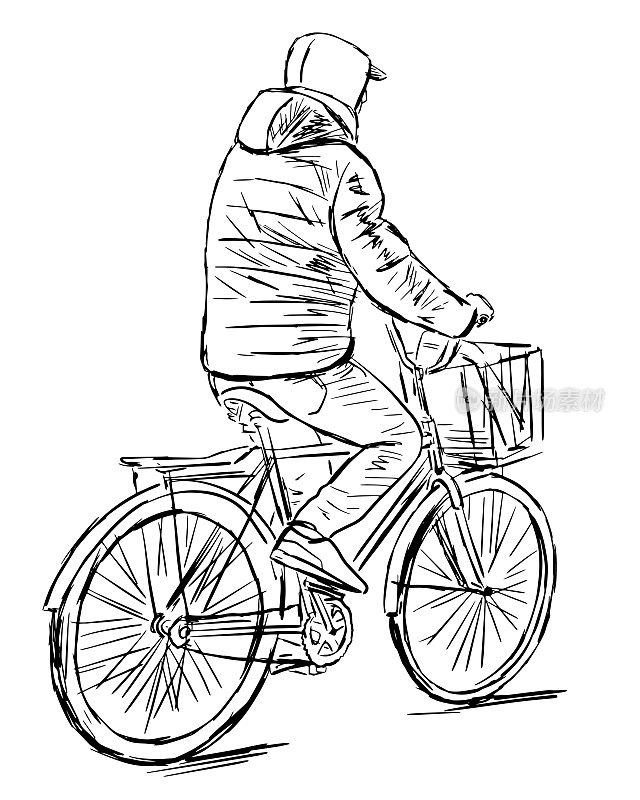 市民沿城市街道骑自行车的轮廓图