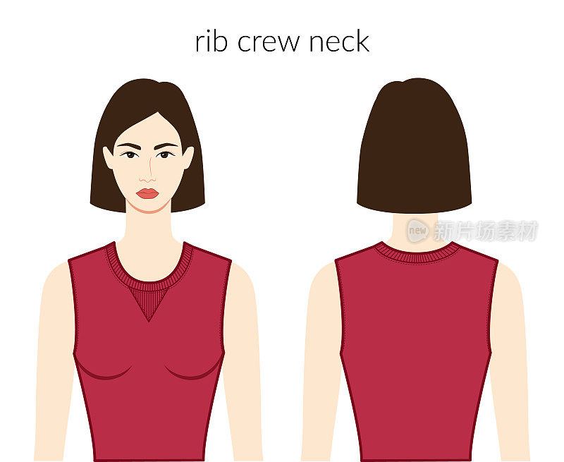肋骨船员领口衣服针织，毛衣字符美丽的女士在紫红色上衣，衬衫，连衣裙技术时尚插图与合身的身体。平板服装模板。女人，男人男女皆宜的CAD模型