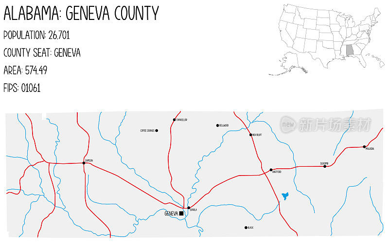 美国阿拉巴马州的日内瓦县地图。