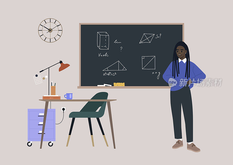 几何课，一个年轻的非洲女教师或学生站在黑板旁边