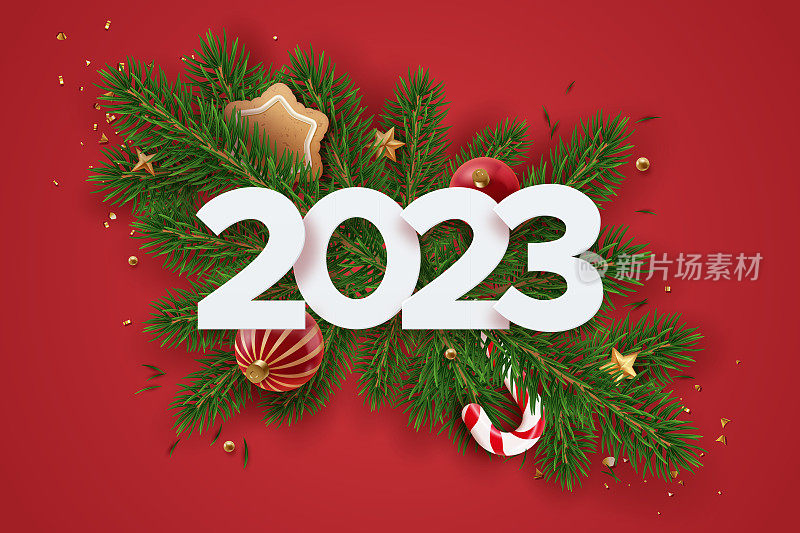 2023年新年快乐横幅，有糖果，冷杉早午餐和圣诞元素。节日红色背景与现实的装饰