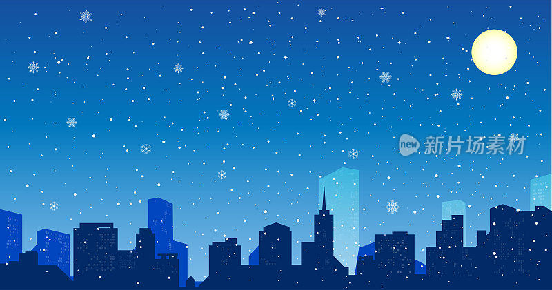 夜晚的城市风光圣诞背景与飘落的雪花，和灯光。这座城市在冬天的夜晚