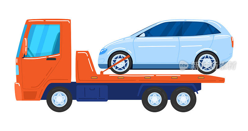 现代汽车，拖车，汽车运输专用车辆，卡通风格矢量插画，白色隔离。