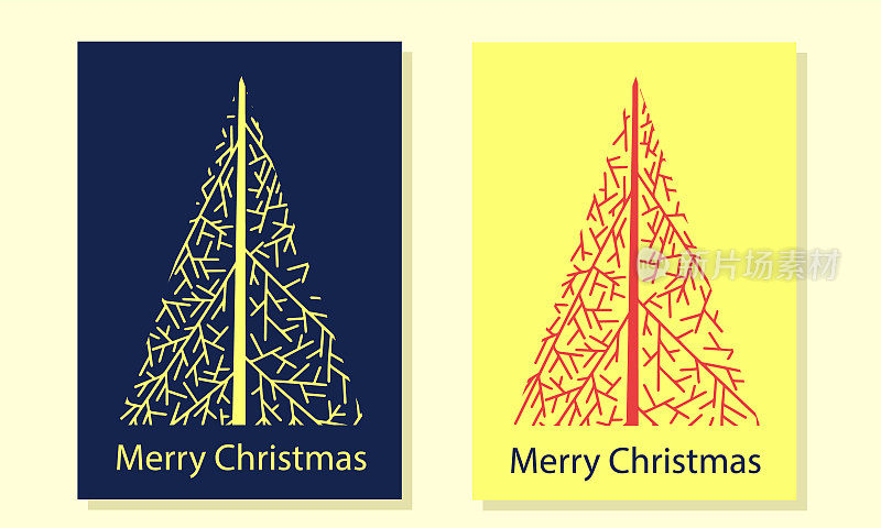一套以抽象手绘风格为圣诞树的圣诞明信片。矢量插图。