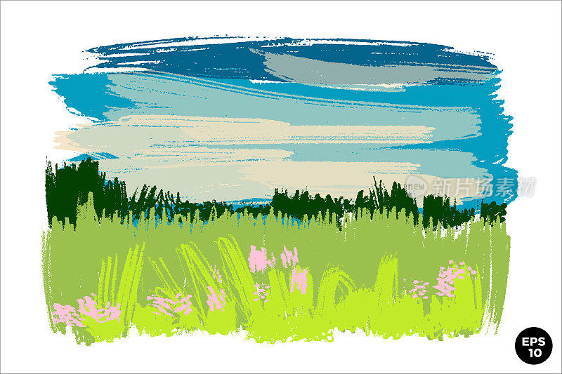 蜡笔天真地手绘了草地，蓝天白云。矢量粉彩粉笔背景横幅。水平景观，彩色背景。