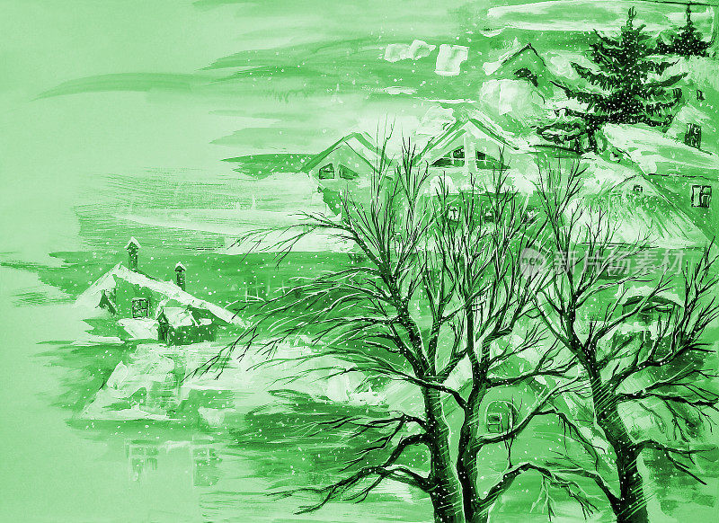 插画油画城市景观街道树木房屋白雪覆盖的天空在绿色的背景下落下的雪花和天空