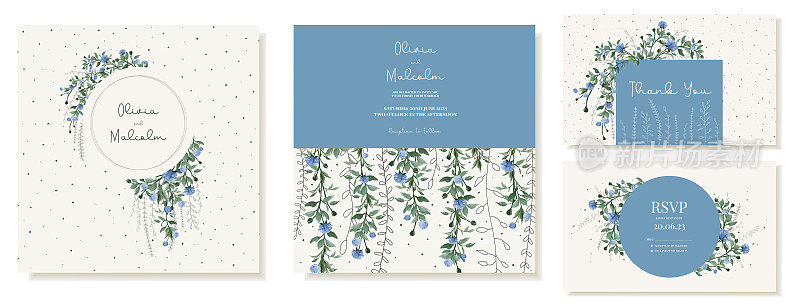 矢量集广场婚礼邀请和感谢卡模板在乡村风格与水彩挂藤蔓与蓝色的花。
