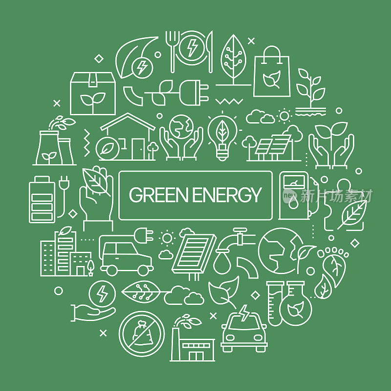 绿色能源网络横幅与线性图标，新潮的线性风格矢量