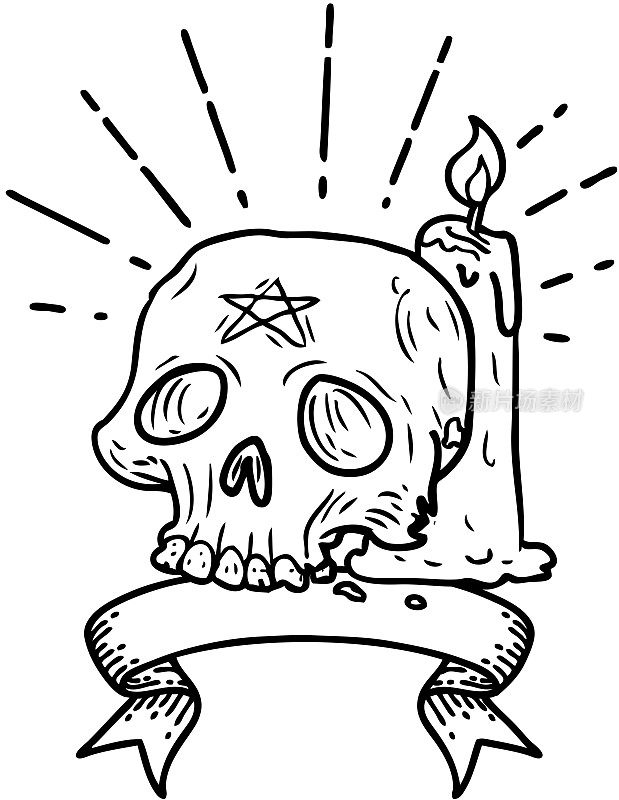 滚动横幅黑线工作纹身风格幽灵头骨和蜡烛
