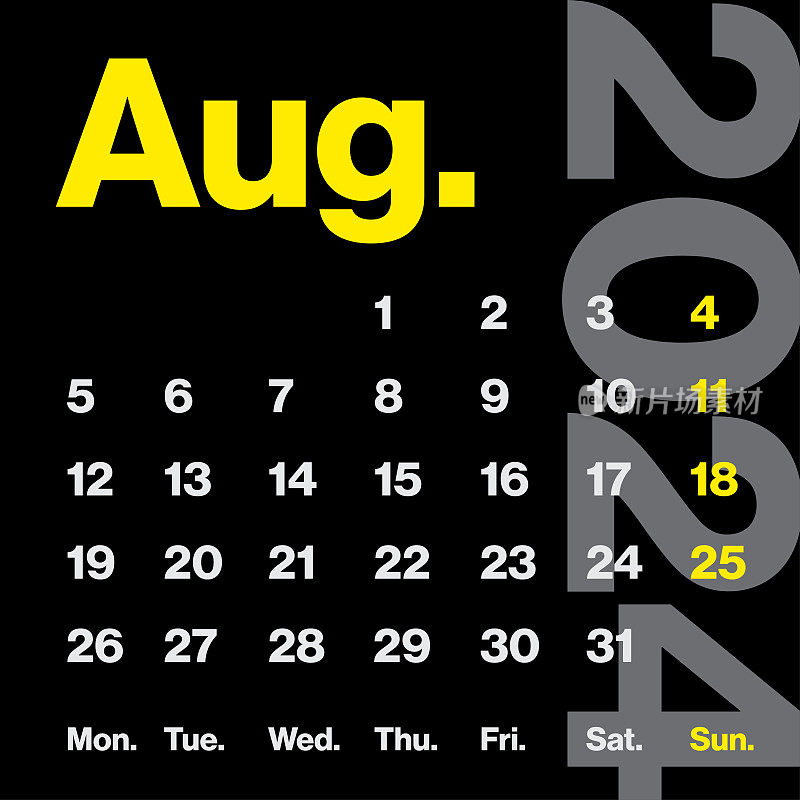 2024年8月-月历。极简风格的方形日历。向量模板。这一周从星期一开始