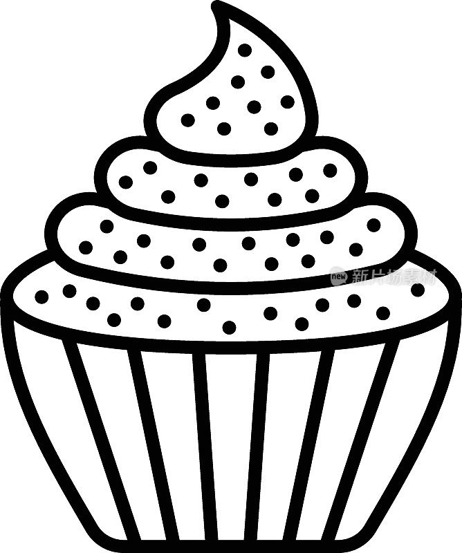 丰富的苦乐参半的迷你蛋糕矢量线图标设计，面包店和面包师符号，美食大师标志，食物鉴赏家股票插图，超级湿润巧克力树莓纸杯蛋糕概念