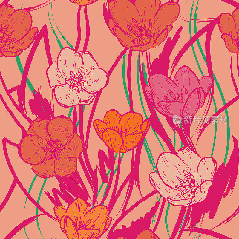 野生和明亮的60迷幻郁金香花卉无缝图案背景