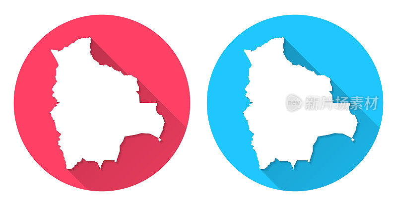 玻利维亚的地图。圆形图标与长阴影在红色或蓝色的背景