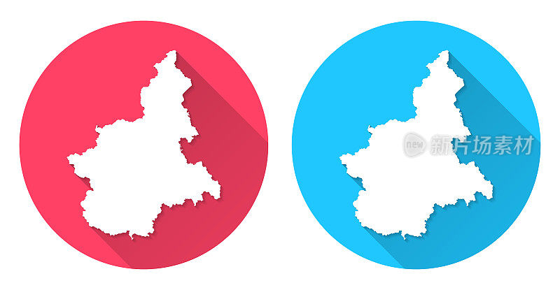 皮埃蒙特的地图。圆形图标与长阴影在红色或蓝色的背景