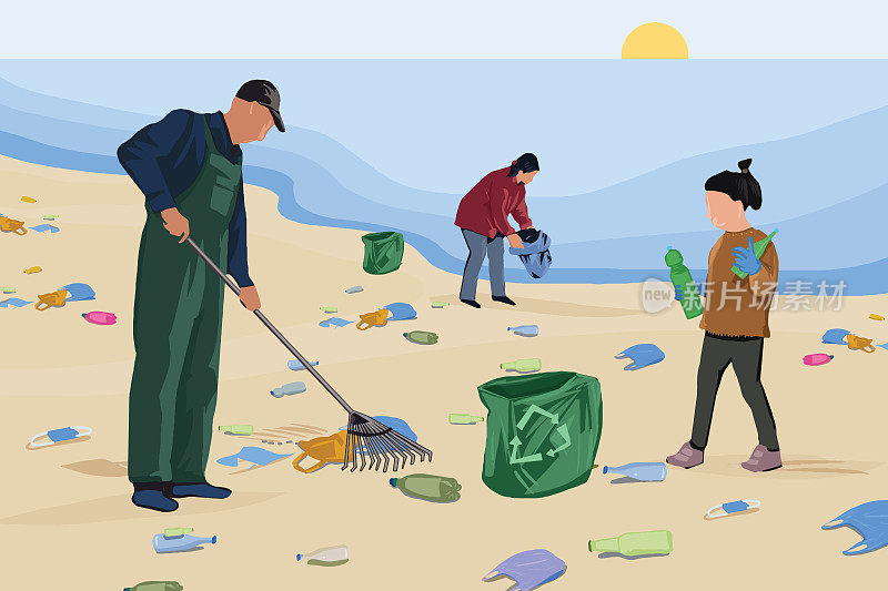 多代同堂的家庭正在清理海洋中的塑料