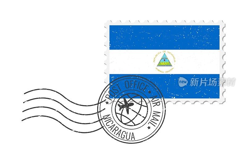 尼加拉瓜垃圾邮票。复古明信片矢量插图与尼加拉瓜国旗隔离在白色背景上。复古的风格。