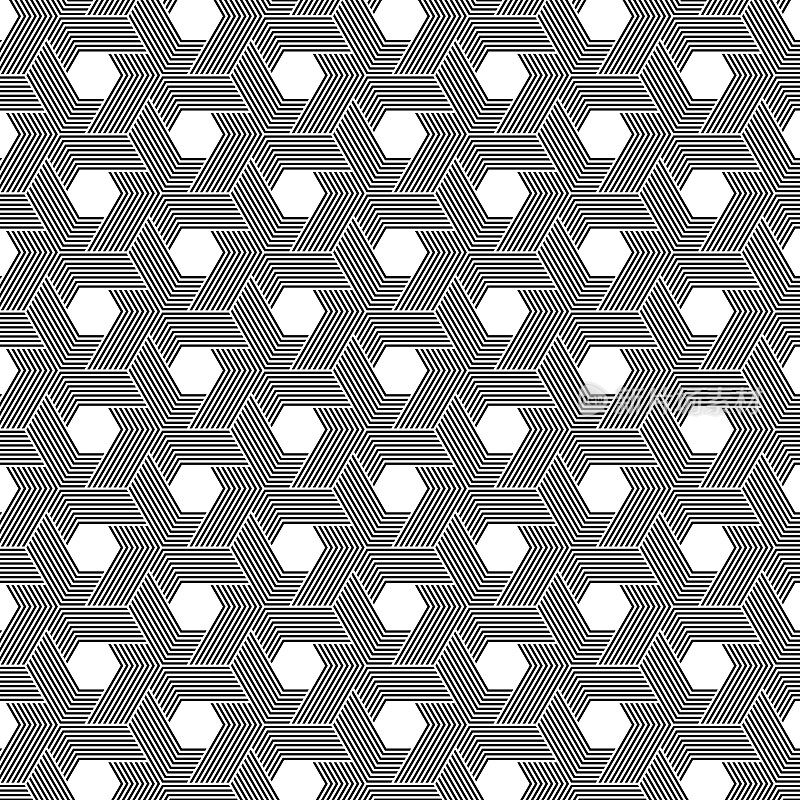 蜂窝图案为六边形，分为三个部分，每个部分都有细长的钩束，编织出丰富的几何挂毯。