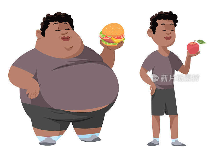 黑人减肥前后。全长,孤立的纯色背景。