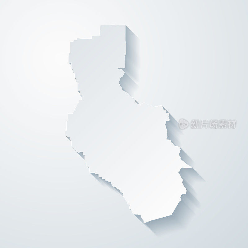 加州莱克县。地图与剪纸效果的空白背景
