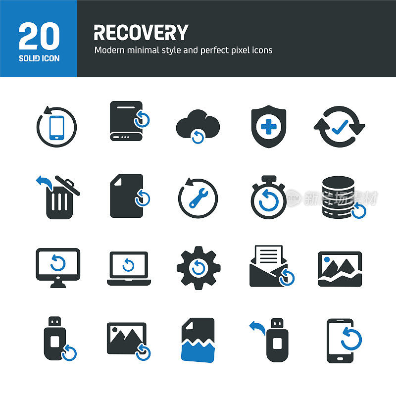 恢复实体图标。包含备份，数据，恢复，修复固体图标集合。矢量插图。网站设计、logo、app、模板、ui等。