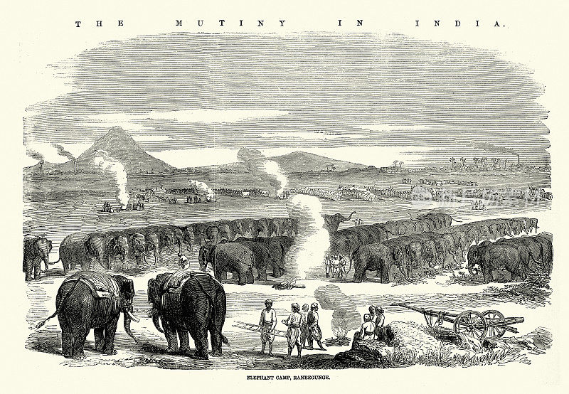 复古插图印度兵变大象营地，印度拉尼贡格，19世纪50年代维多利亚时代