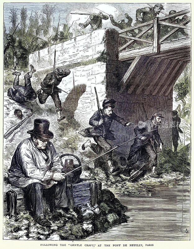 巴黎公社，士兵们从一个在巴黎纳伊桥钓鱼的男人身边跑过