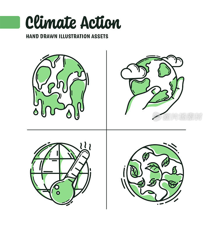 气候行动，气候变化，全球变暖手绘图标