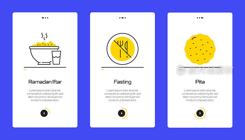 Ramadan概念内置平板图标的移动应用页面屏幕。用户体验，用户界面设计模板矢量插图