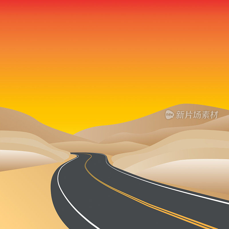 弯曲公路在沙漠景观与日落的颜色-插图