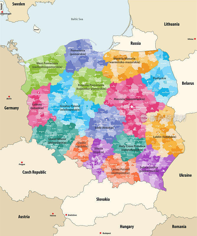 波兰行政区划矢量地图，以省(称为省)为颜色，邻国为领土