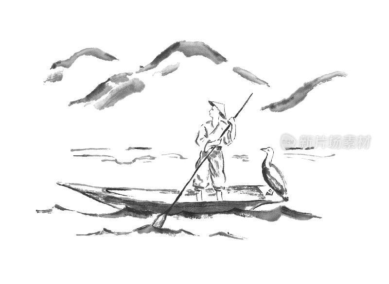 渔人在船上日本风格的原始sumi-e水墨画。