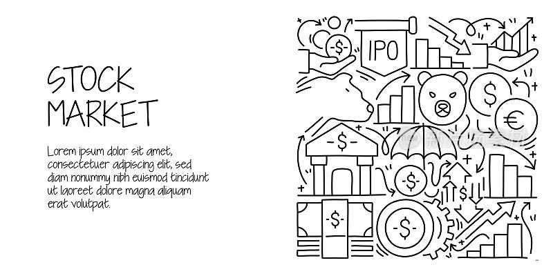 股票市场相关的涂鸦插图。现代设计矢量插图的网页横幅，网站标题等。