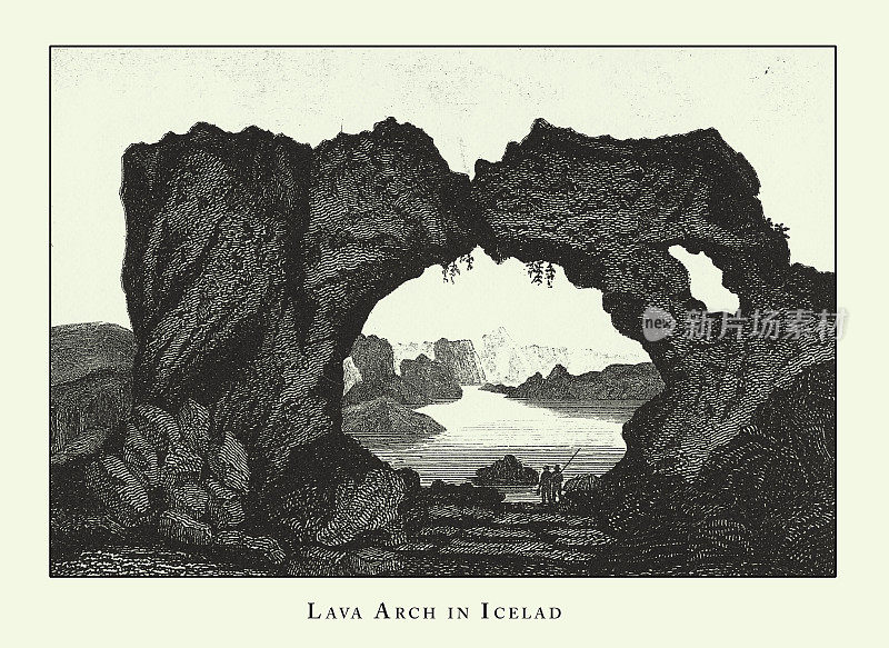 雕刻古董，冰岛熔岩拱门，洞穴，冰山，熔岩和岩层雕刻古董插图，出版1851年