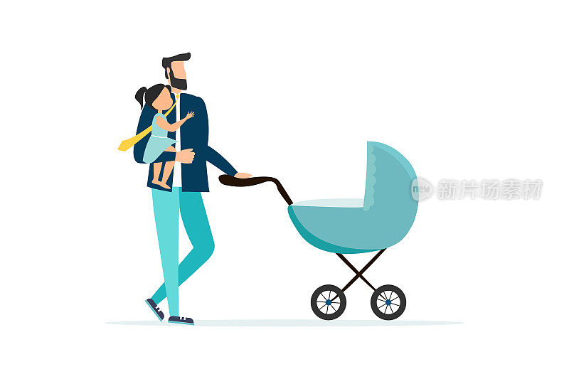 向量插图的幸福家庭，父亲与女儿和婴儿车，全向量的幸福家庭