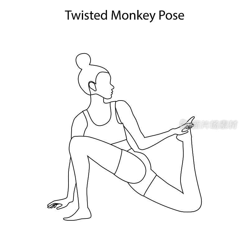 扭曲猴子姿势瑜伽锻炼大纲。健康生活方式矢量图