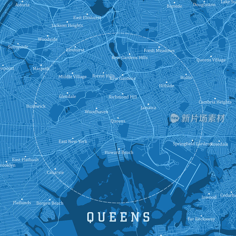 皇后区纽约城市向量道路地图蓝色文本