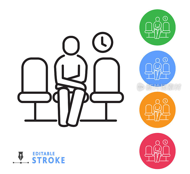 Covid-19流感病毒接种医生办公室候诊室细线图标-可编辑中风