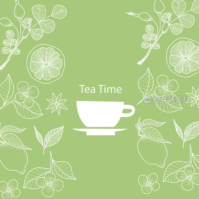 草药茶矢量背景与茉莉花，柠檬，茶杯为标签，包装和明信片设计。玫瑰果香草茶，狗玫瑰