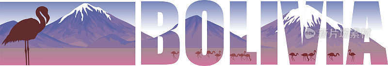 矢量全景与粉红色火烈鸟在山湖-玻利维亚，南美
