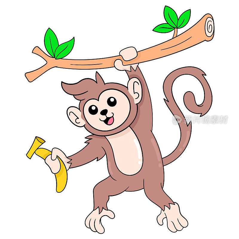 猴子表演吊在树枝上，拿着香蕉，矢量插图艺术。涂鸦图标形象卡哇伊。