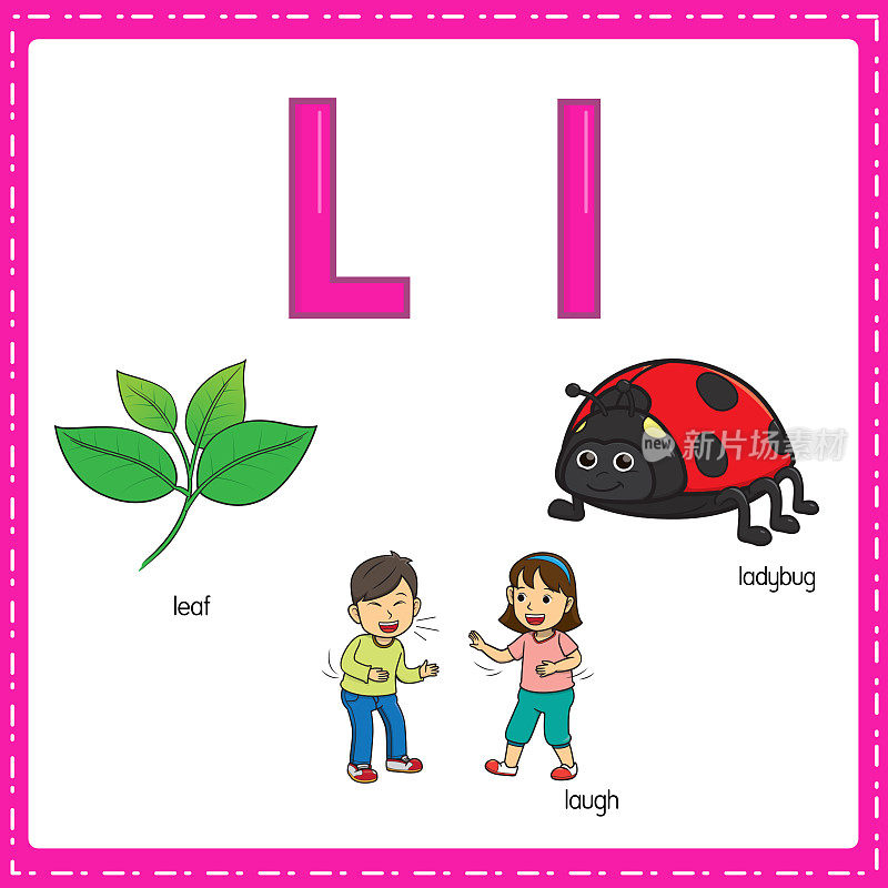 向量插图学习字母L的小写和大写的儿童与3卡通图像。叶笑瓢虫。