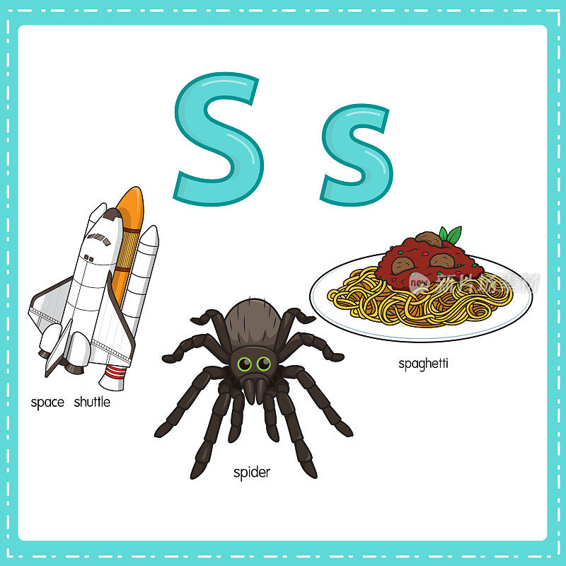 向量插图学习字母S的小写和大写的儿童与3卡通图像。航天飞机蜘蛛意大利面。