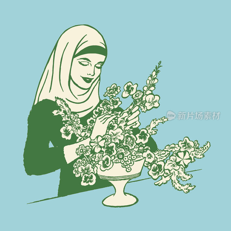 插图的妇女与头巾和鲜花在花瓶