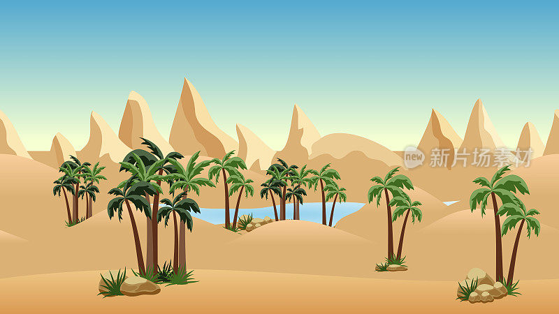 以沙漠绿洲景观为背景的卡通或冒险游戏资产或场景设计。沙丘，棕榈树，蓝色的湖泊和山脉。横向无缝的。矢量图