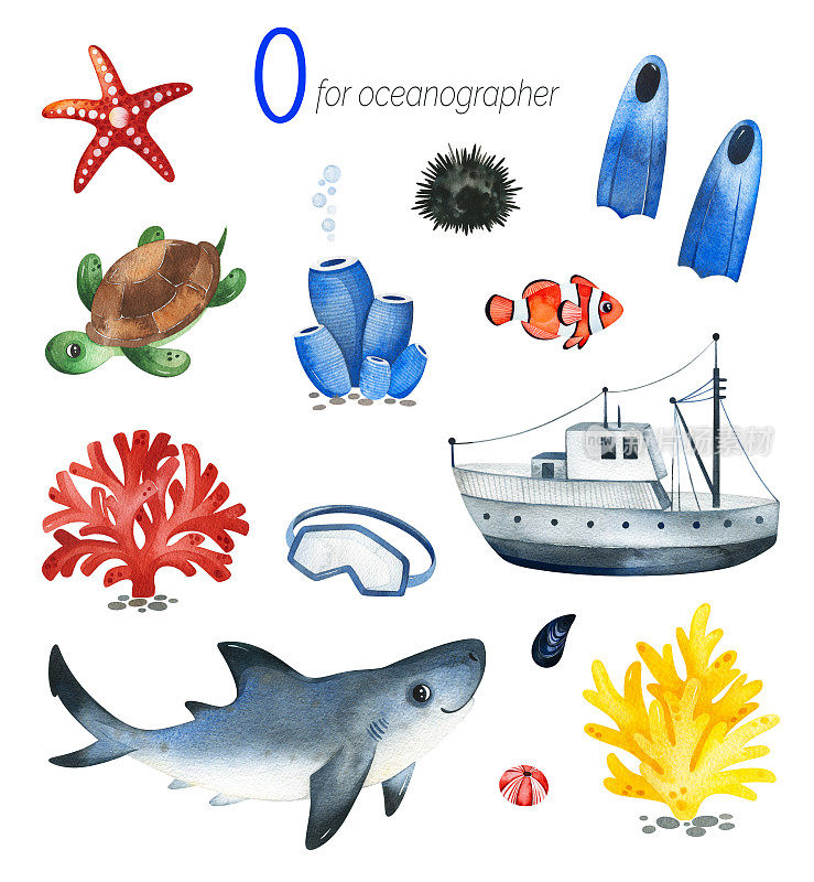 水彩字母专业集。海洋学家的O字母。