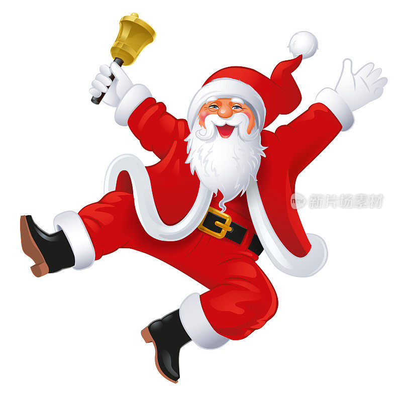 欢快的圣诞老人带着铃铛跳起来，双手举起孤立在白色上