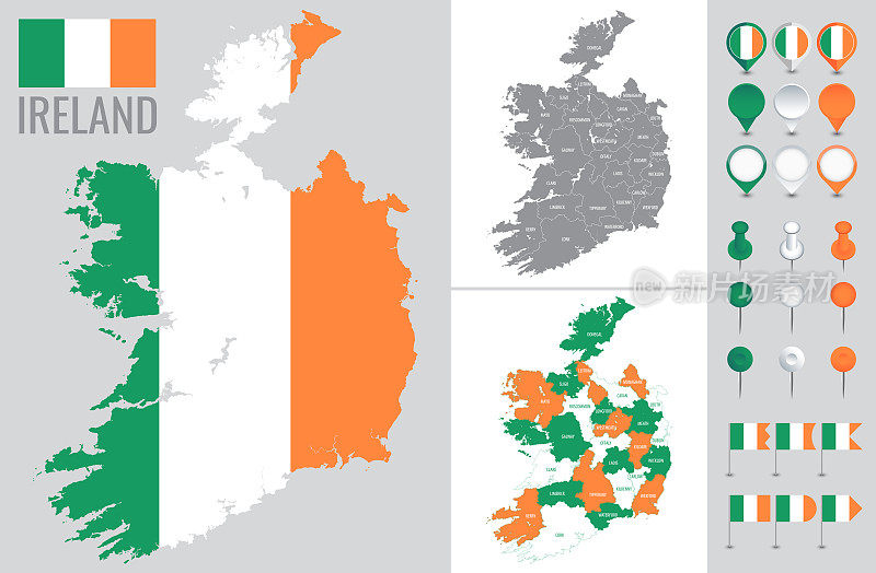 爱尔兰矢量地图与旗帜，地球仪和图标在白色背景