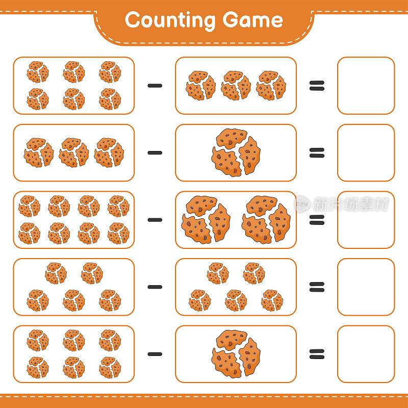 数数游戏，数数Cookie的个数并写出结果。教育儿童游戏，可打印的工作表，矢量插图