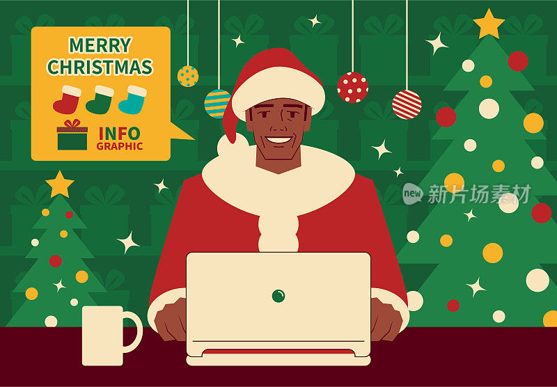 穿着圣诞老人套装的快乐英俊成熟男子正在使用笔记本电脑